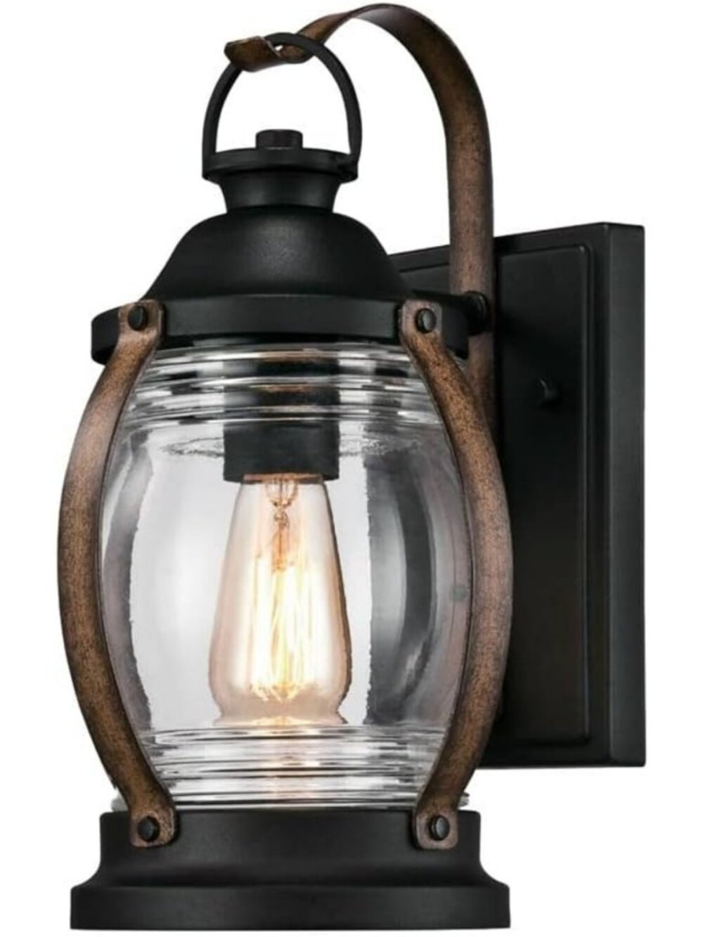 One-Light Outdoor Wall Fixture - Textured Black & Barnwood, Clear Glass Accent